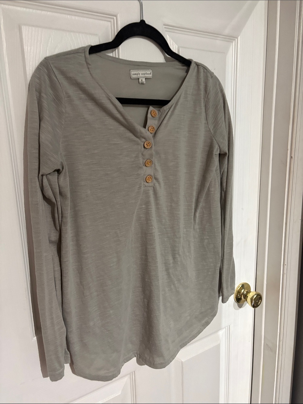 Simply Southern Light Gray Long Sleeve Henley with Wood Buttons